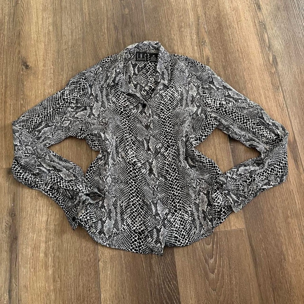 Vintage Python Print Button Up White And Black Si… - image 1